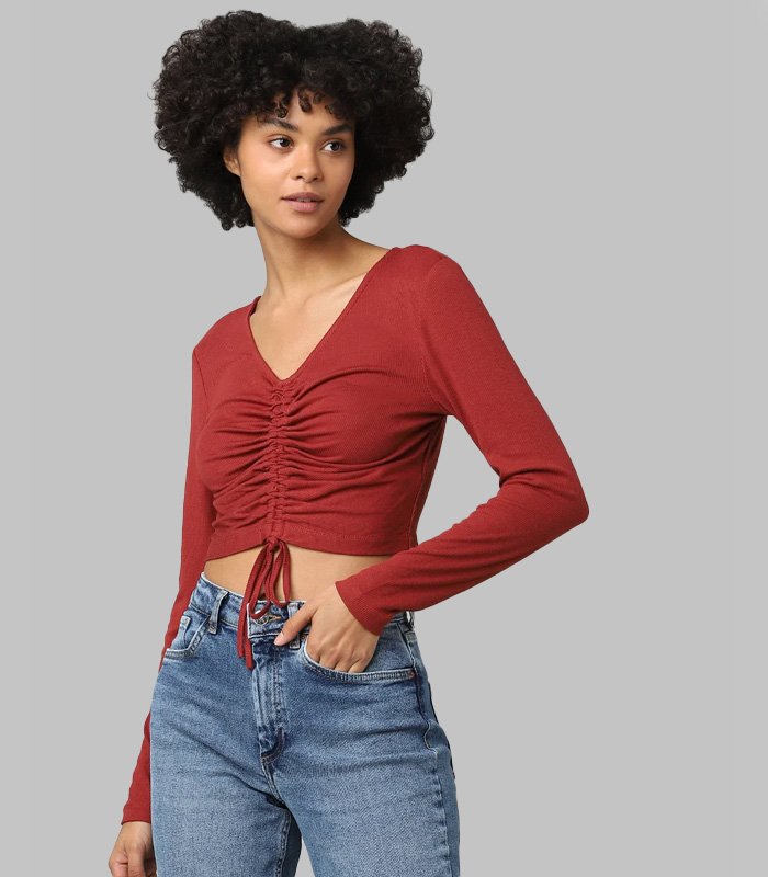 RUST RUCHED RIBBED CROP TOP (3)