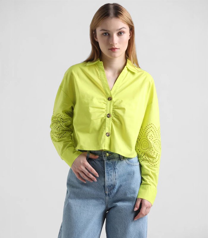 Yellow Schiffli Detail Cropped Shirt-2